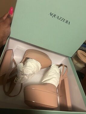 Aquazzura Blush Patent Platform Sandals with Ankle Strap